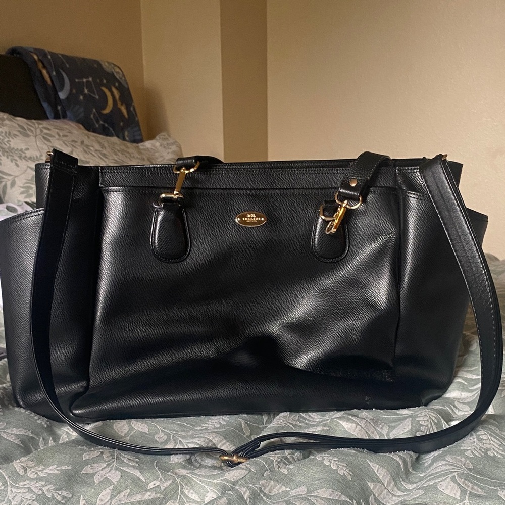 Coach Black Leather Shoulder Bag with Gold Accents